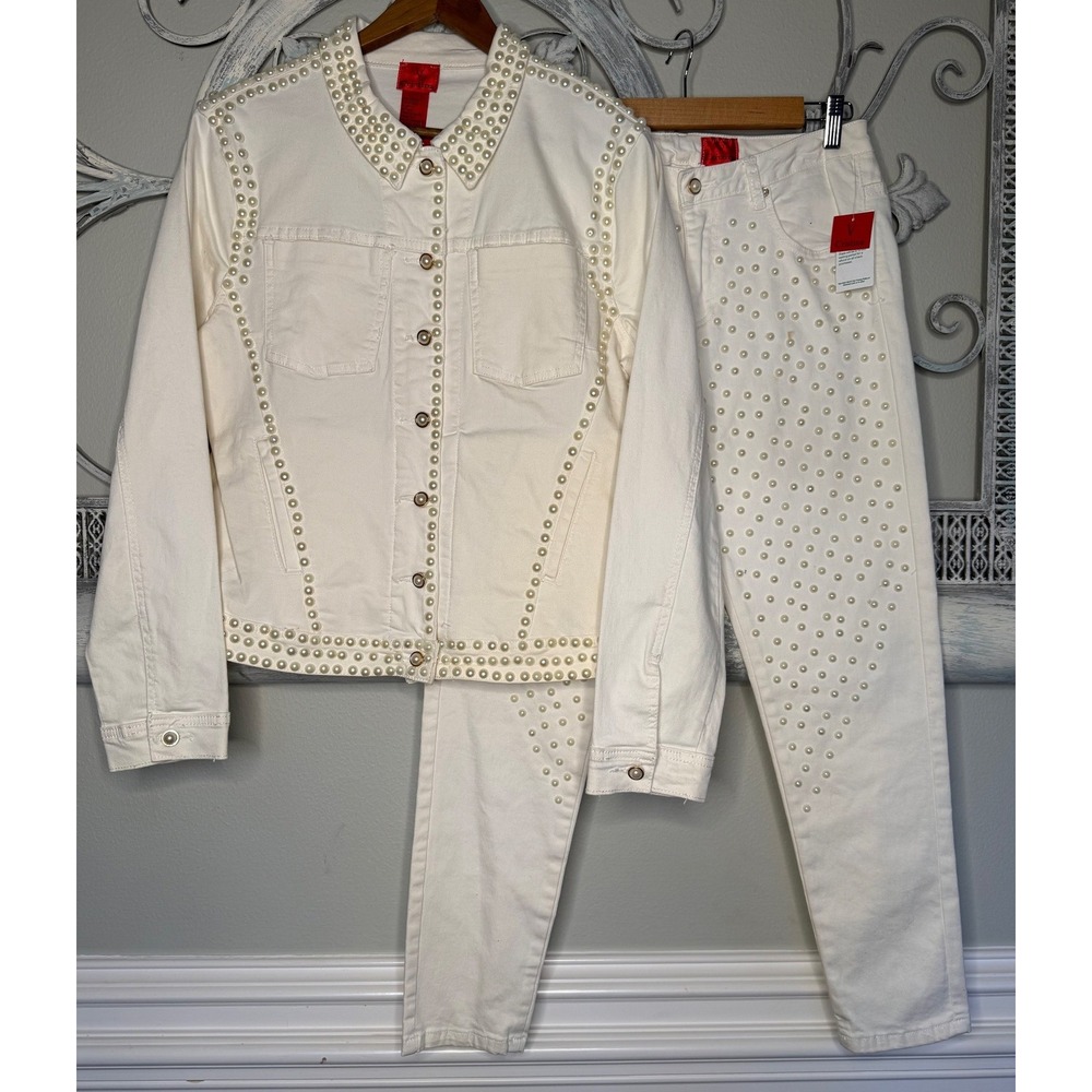 Cristina V Womens White Pearl Embellished Denim Jacket and Pants Set Size L /10